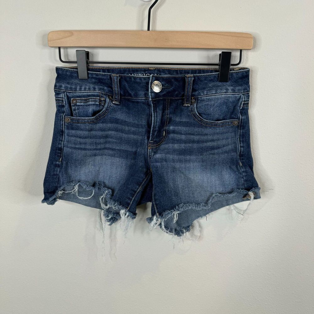 American Eagle Womens Jean Shorts Sz 0 Medium Wash Cut Off 360 Super Stretch
